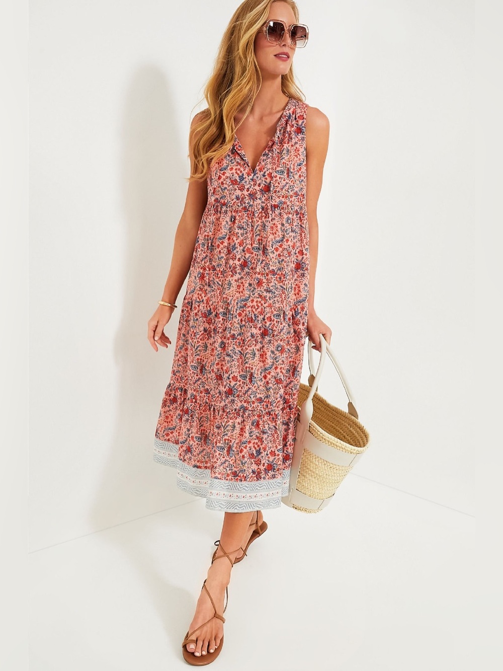 Tuckernuck Pink Floral Border Print Cotton Midi Dress, Size Medium